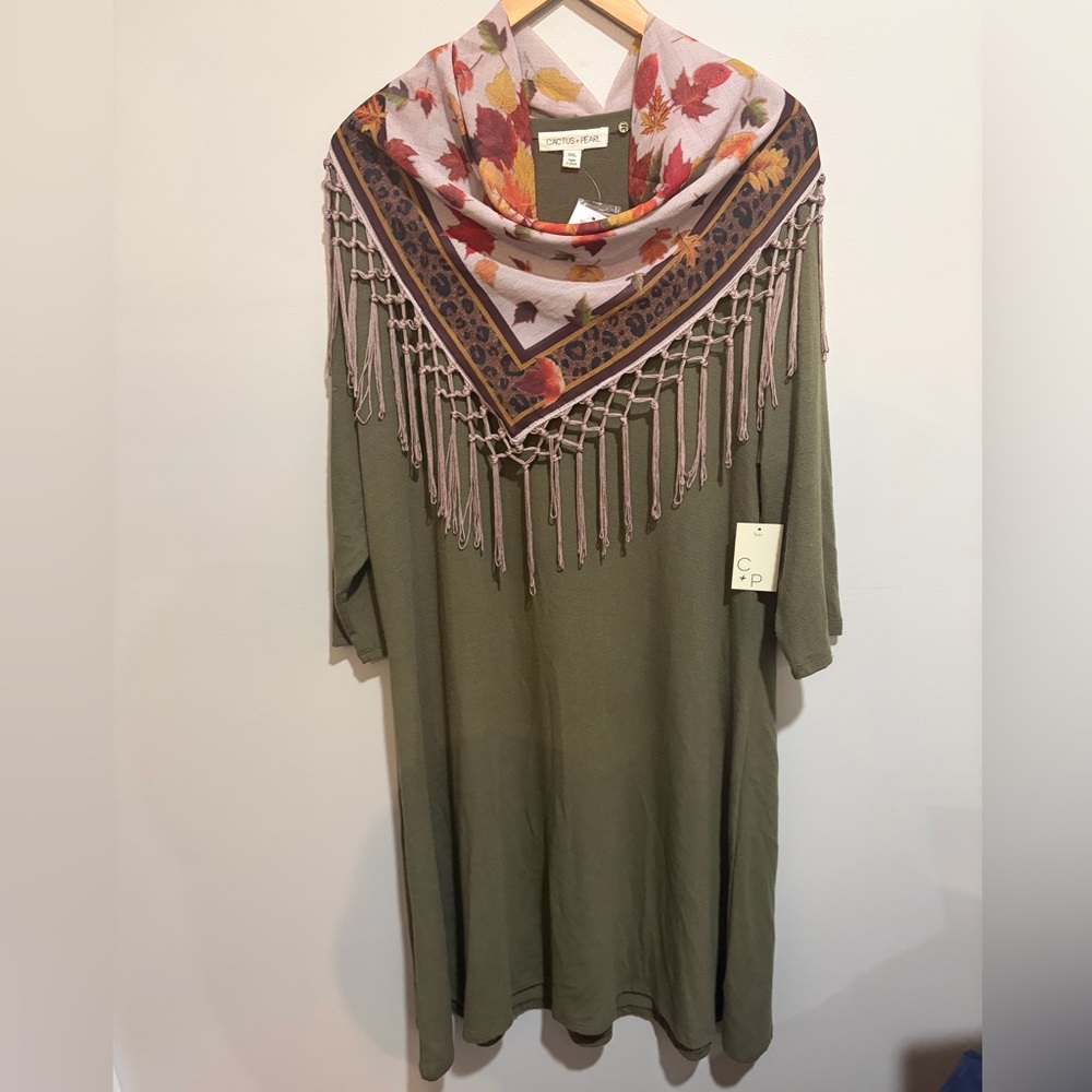 Olive Green Dress with Multicolor Fringe Scarf
